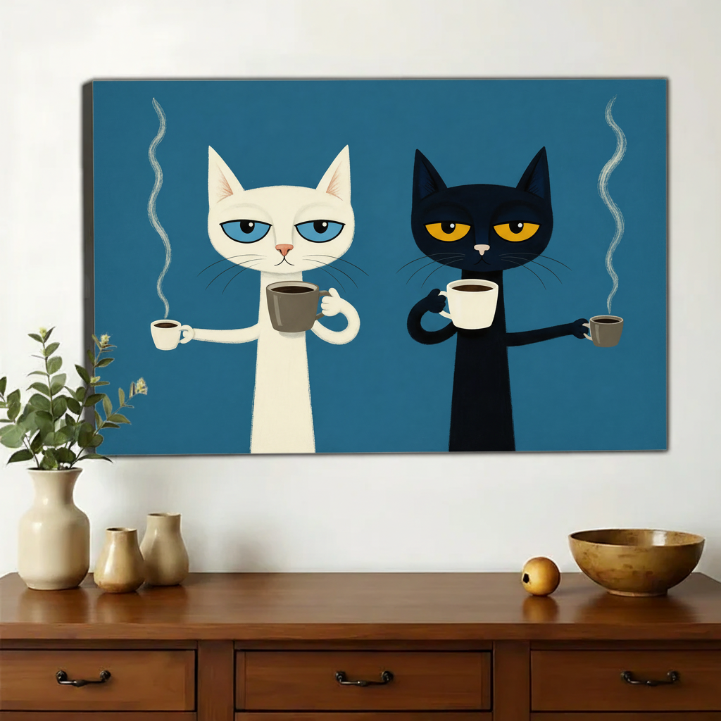 Grumpy White & Black Cats with Coffee Wall Art – Mid-Century Modern Canvas Print on Natural Wood Frame
