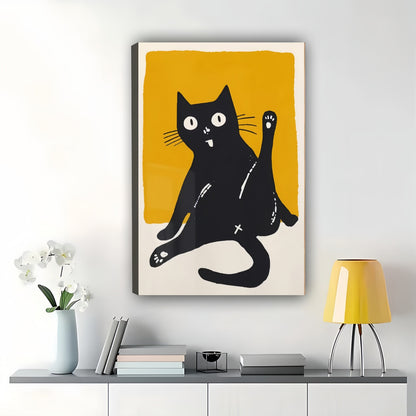 Silly Black Cat – Minimalist Mid-Century Modern Wall Art on Natural Wood Canvas