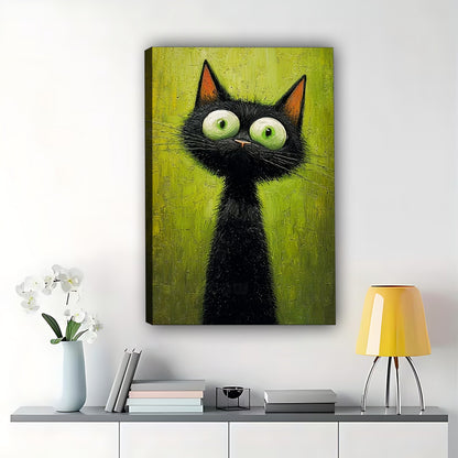 The Big-Eyed Black Cat – Cute Cartoon Wall Art on Natural Wood Canvas