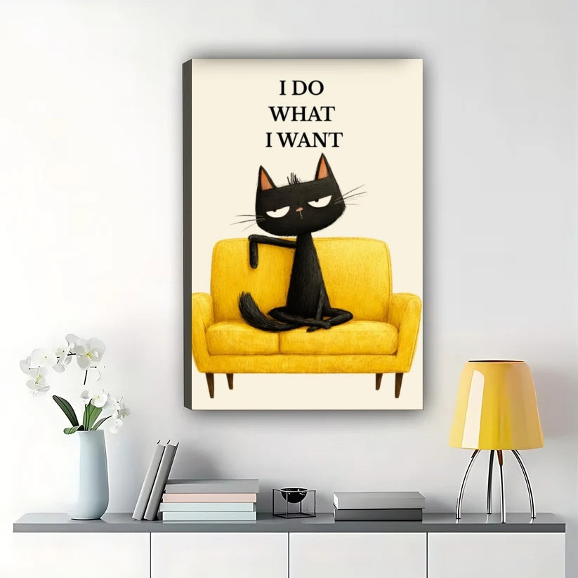 I DO WHAT I WANT Sassy Black Cat – Retro Mid-Century Wall Art on Natural Wood Canvas