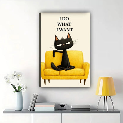 I DO WHAT I WANT Sassy Black Cat – Retro Mid-Century Wall Art on Natural Wood Canvas