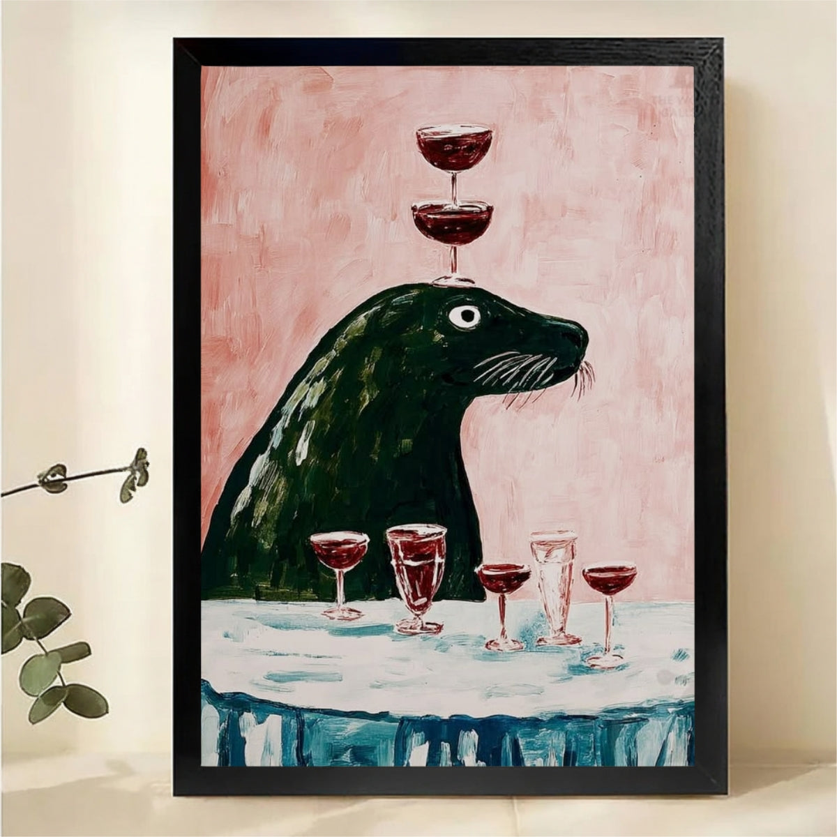 Seal Balancing Wine Glasses Wall Art – Funny Animal Canvas