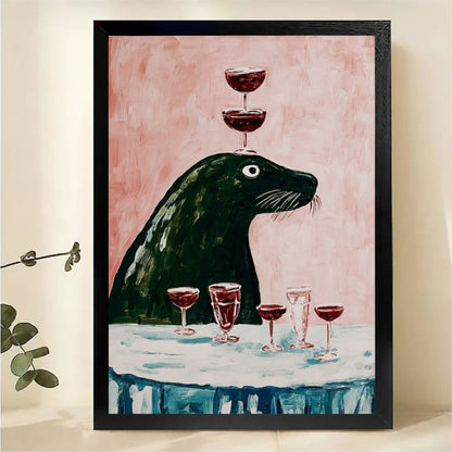 Seal Balancing Wine Glasses Wall Art – Funny Animal Canvas