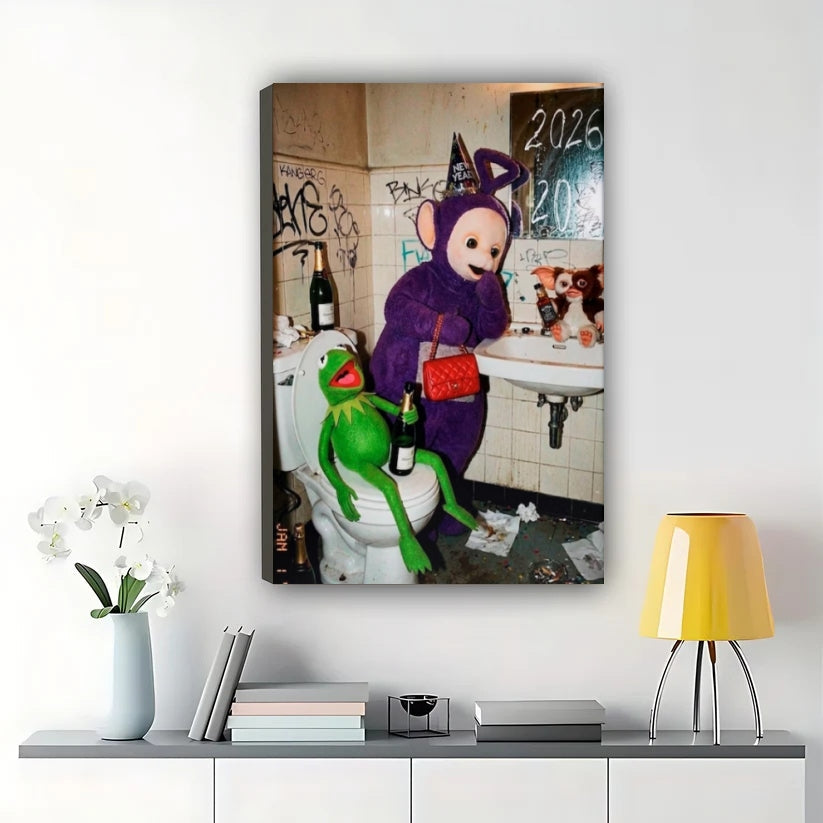 Kermit & Teletubby on Toilet – Humorous Pop Culture Parody Wall Art on Natural Wood Canvas