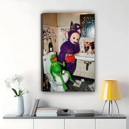 Kermit & Teletubby on Toilet – Humorous Pop Culture Parody Wall Art on Natural Wood Canvas