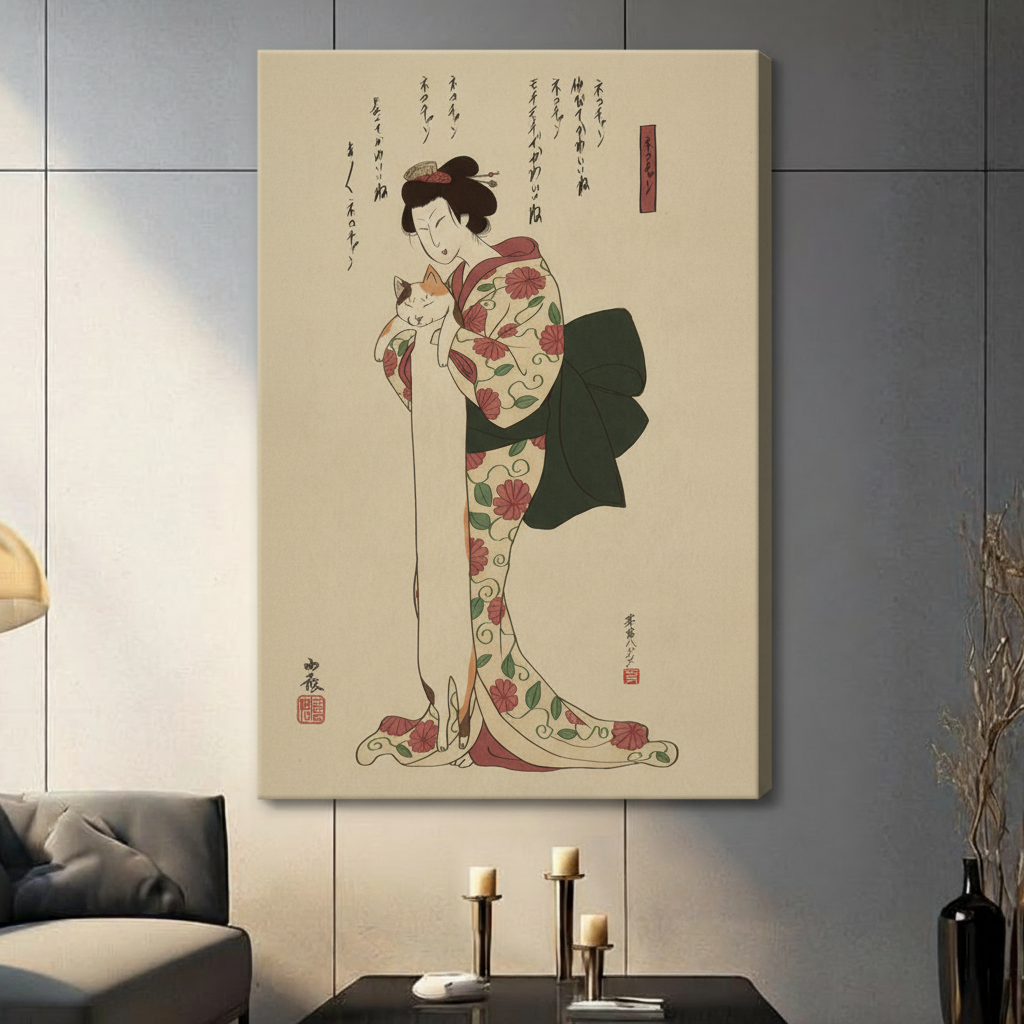 Japanese Ukiyo-e Woman Cat Canvas Art Wall Art