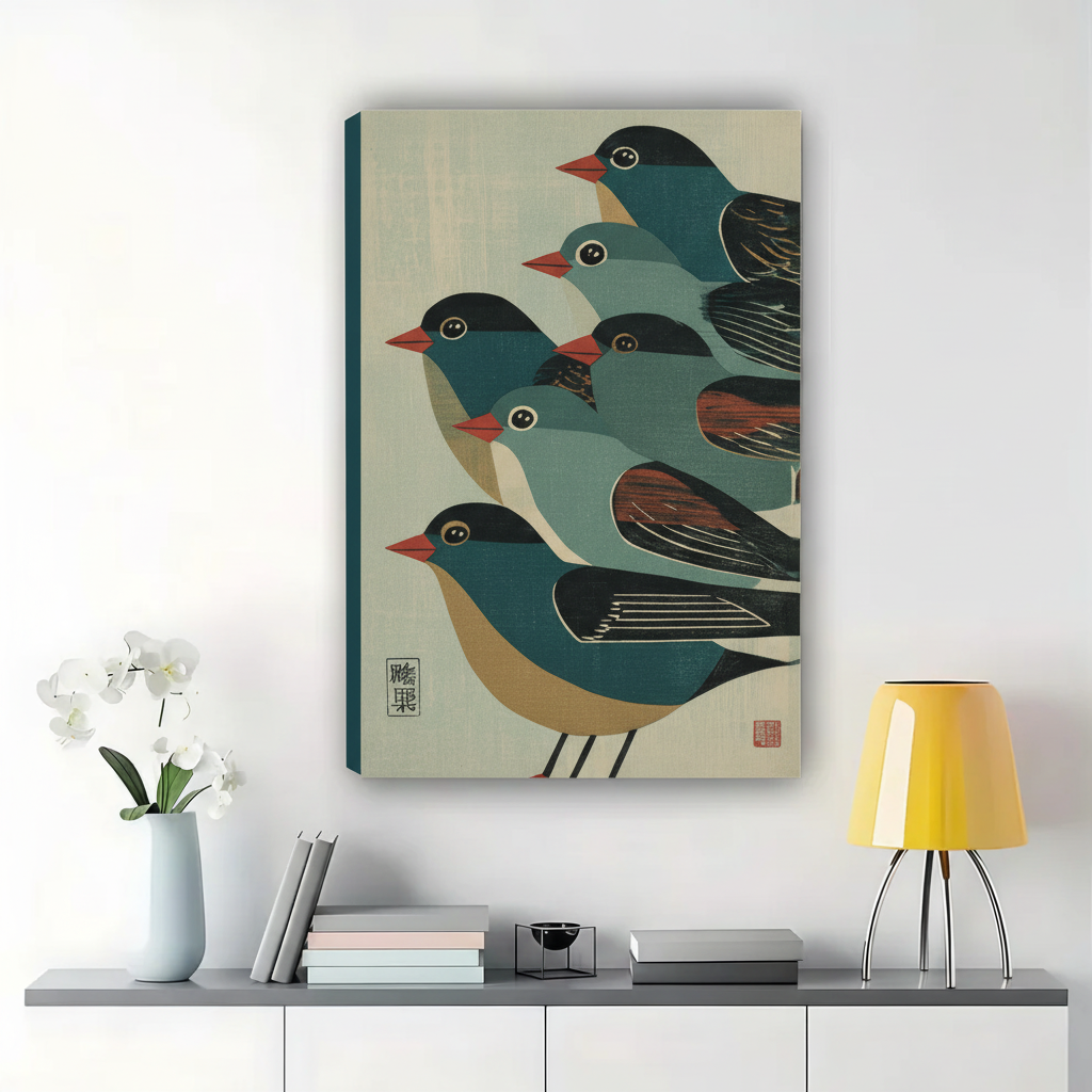Japanese Style Songbirds Wall Art – Minimalist Woodblock Bird Canvas Print on Natural Wood Frame