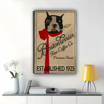 Vintage Boston Terrier Coffee Co Wall Art – Retro Dog Coffee Advertisement Framed Print