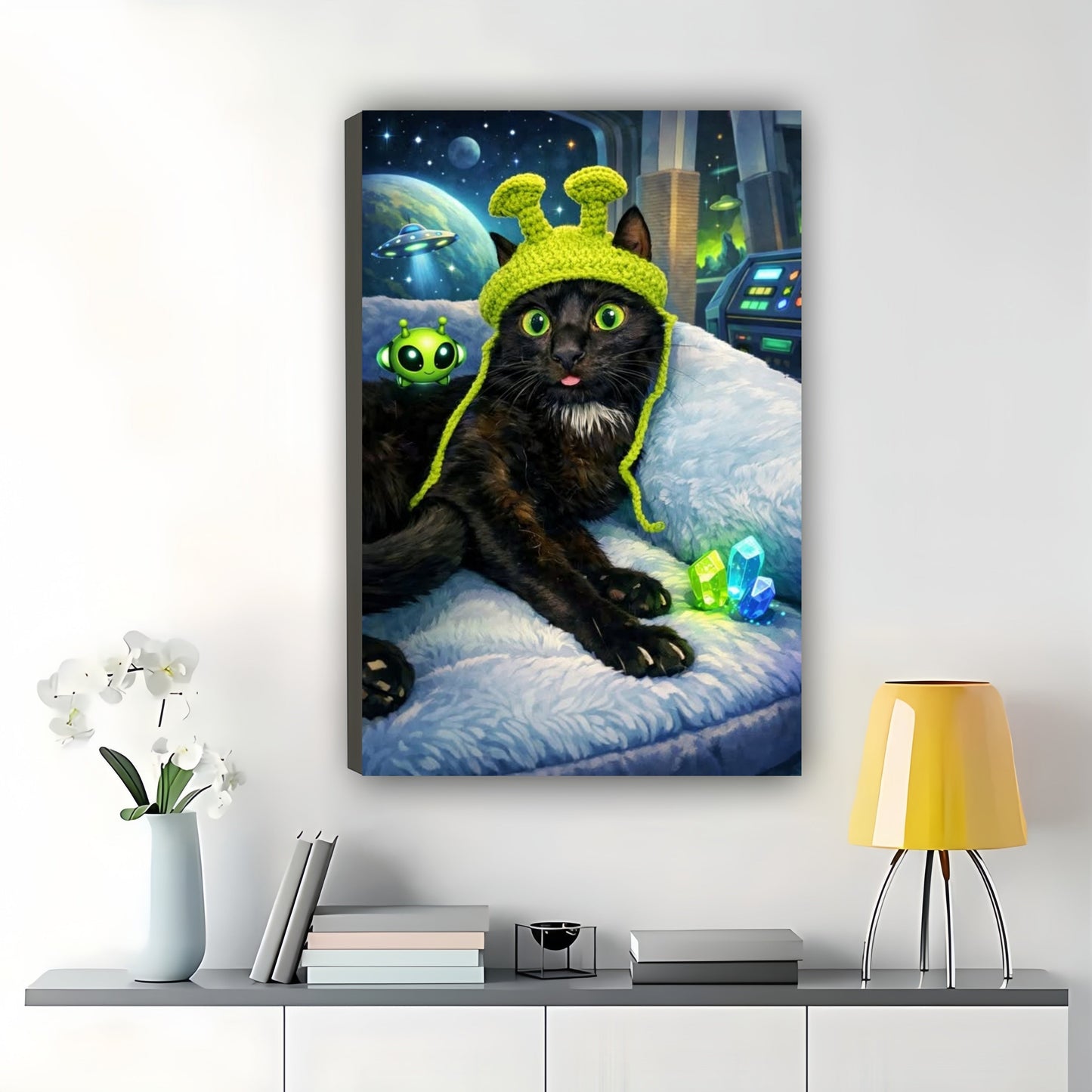 Alien-Themed Black Cat – Sci-Fi Whimsical Wall Art on Natural Wood Canvas