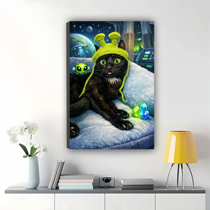 Alien-Themed Black Cat – Sci-Fi Whimsical Wall Art on Natural Wood Canvas