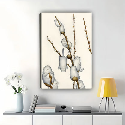 Fluffy White Cats on Willow Branches – Whimsical Cat Wall Art on Natural Wood Canvas