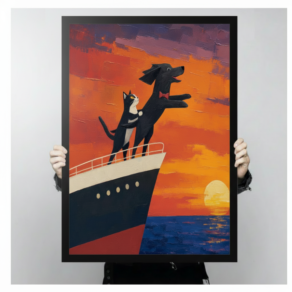 Cat Dog Titanic Sunset Romantic Canvas Wall Art