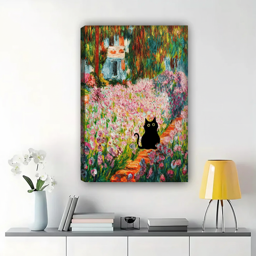 Black Cat in Monet's Garden Wall Art – Impressionist Oil Painting Canvas Print on Natural Wood Frame