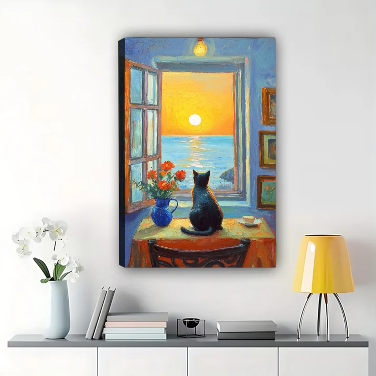 Cat Watching Sunset Wall Art - Ocean View Window Canvas Print