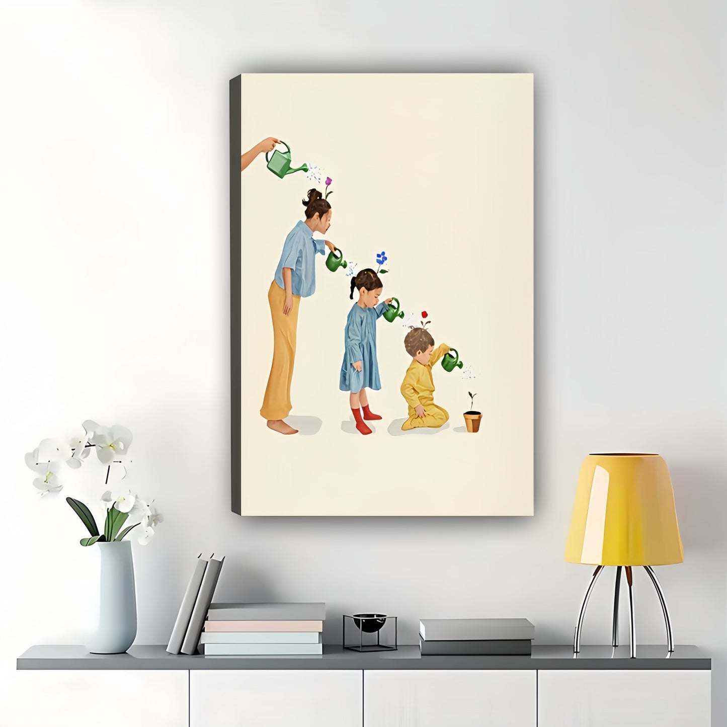 Family Watering Moments – Whimsical Family Illustration Wall Art on Natural Wood Canvas