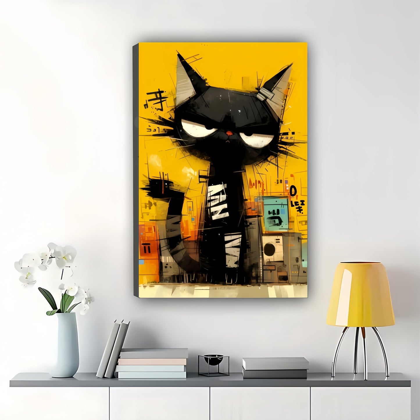 The Graffiti-Style Cool Black Cat – Edgy Street Art Wall Decor on Natural Wood Canvas