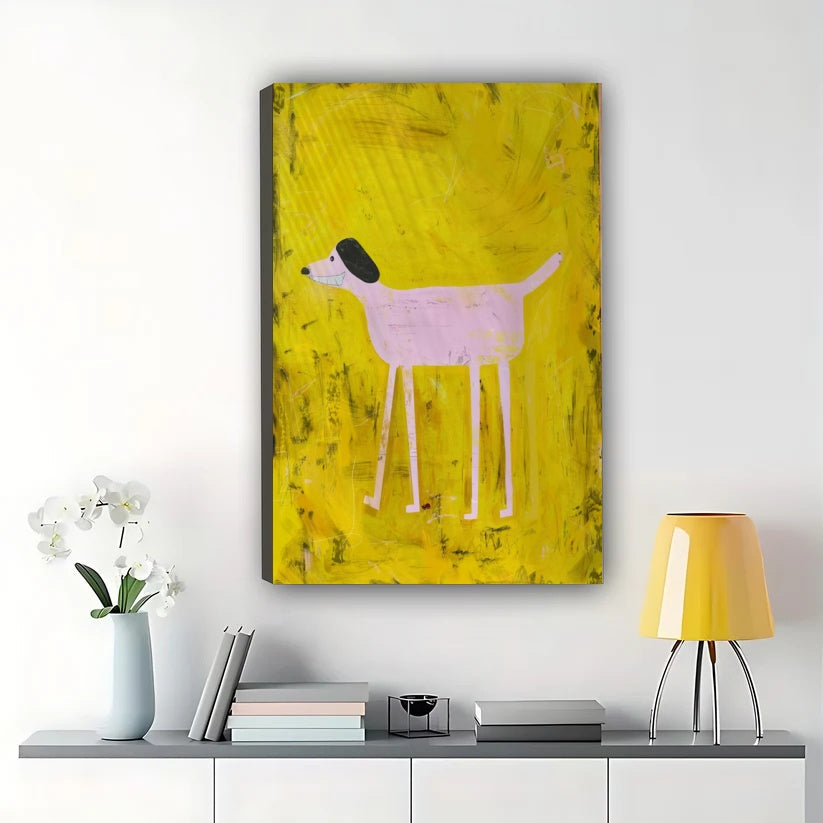 Pink Dog on Yellow Background Wall Art – Minimalist Folk Art Dog Canvas Print on Natural Wood Frame