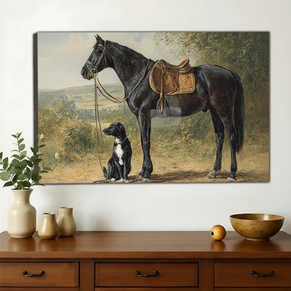 Black Horse with Puppy in Pasture – Heartwarming Countryside Wall Art on Natural Wood Canvas