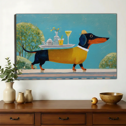 Dachshund Waiter with Cocktail Tray Wall Art – Whimsical Garden Party Canvas Print on Natural Wood Frame