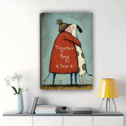 "Together For A Long Time" Dog Hug Wall Art – Sweet Folk Art Canvas Print on Natural Wood Frame