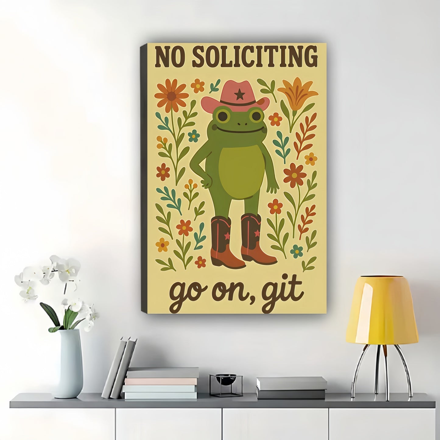 The Cowboy Frog “No Soliciting” – Rustic Playful Wall Art on Natural Wood Canvas
