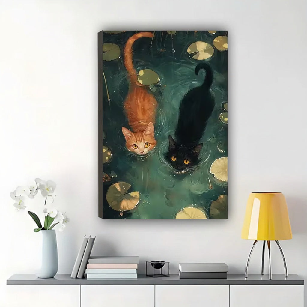 The Ink-Wash Style Playful Duo Cats – Serene Artistic Wall Art on Natural Wood Canvas