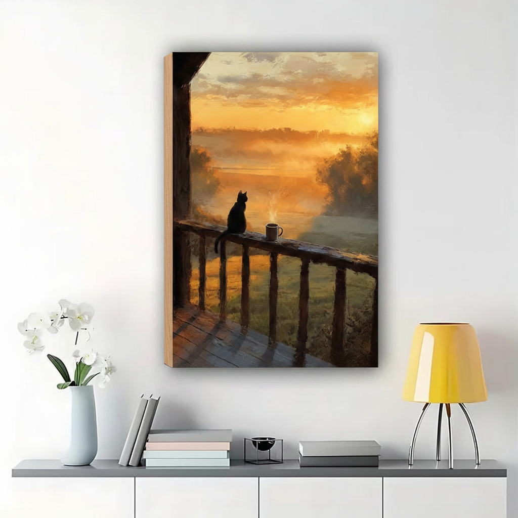 Black Cat at Sunset Bridge Wall Art – Moody Impressionist Cat Canvas Print on Natural Wood Frame