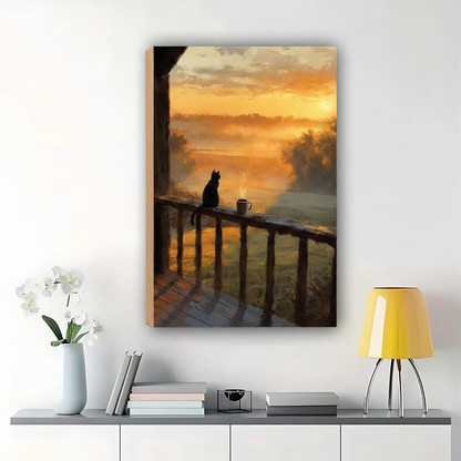 Black Cat at Sunset Bridge Wall Art – Moody Impressionist Cat Canvas Print on Natural Wood Frame