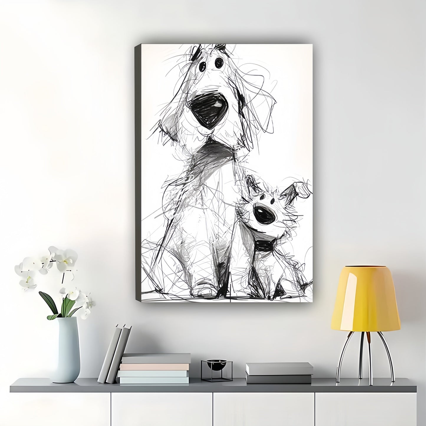 Black & White Sketch Dog Parent & Pup – Whimsical Pet Wall Art on Natural Wood Canvas