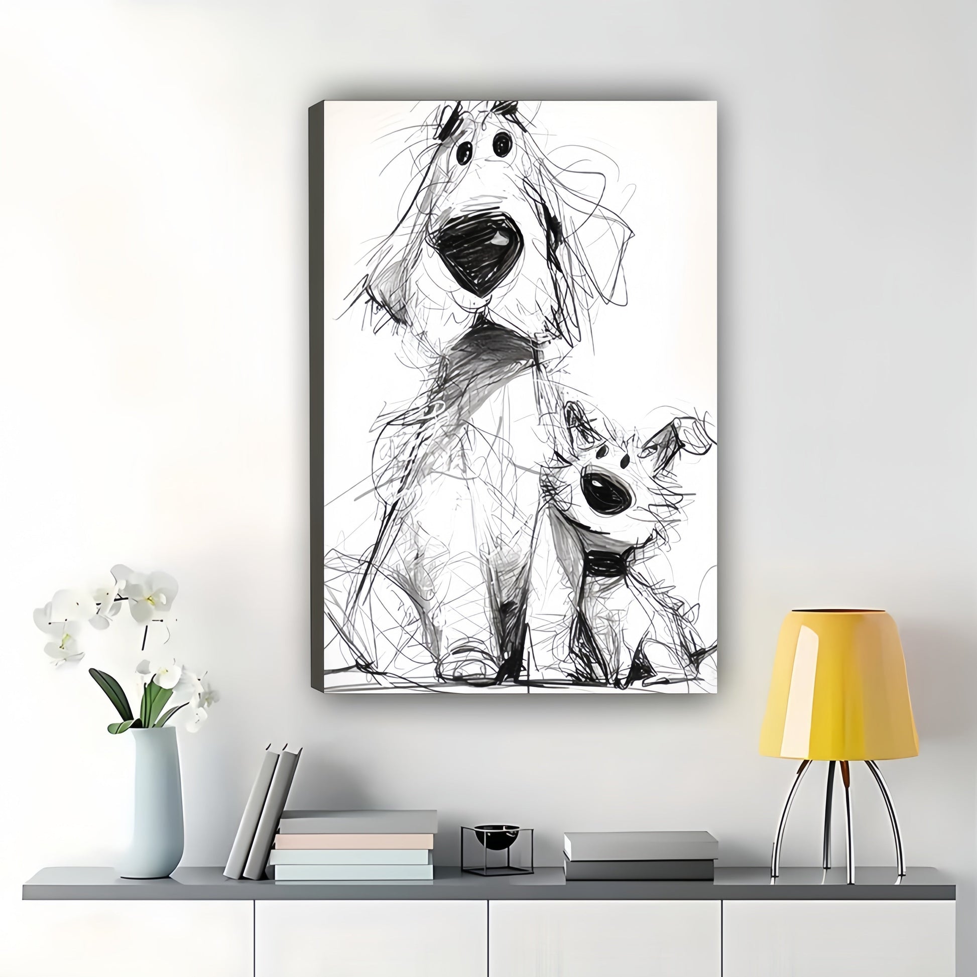 Black & White Sketch Dog Parent & Pup – Whimsical Pet Wall Art on Natural Wood Canvas