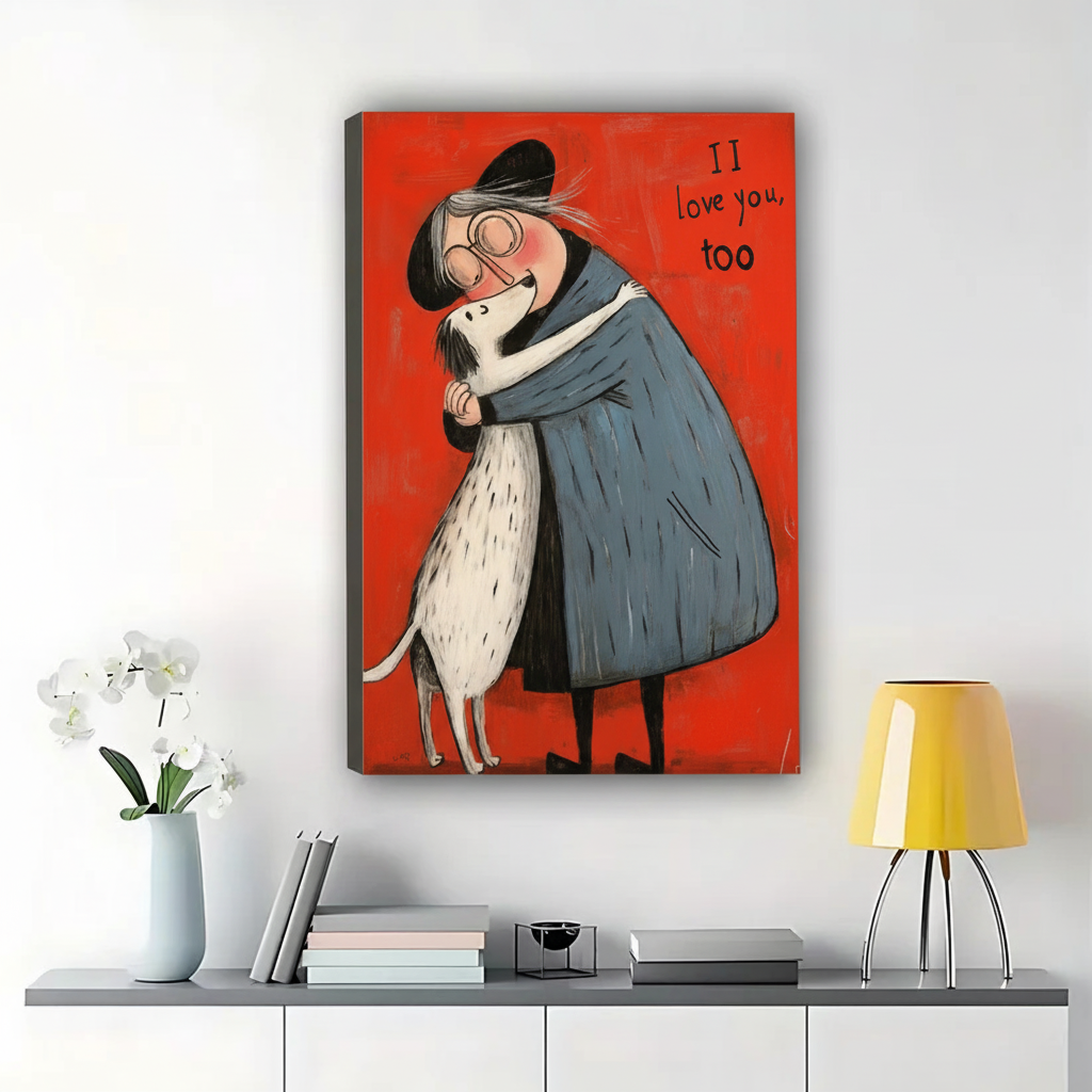 The I Love You 100 Hugging Figure & Dog – Warm Retro Wall Art on Natural Wood Canvas