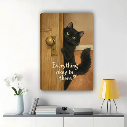 Black Cat Peeking Around the Door Wall Art – Funny Whimsical Cat Canvas Print on Natural Wood Frame