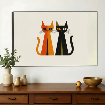 Minimalist Orange & Black Cat Duo – Bold Geometric Wall Art on Natural Wood Canvas