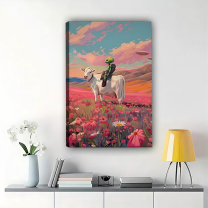 The Flower Field Rider – Whimsical Pastoral Wall Art on Natural Wood Canvas