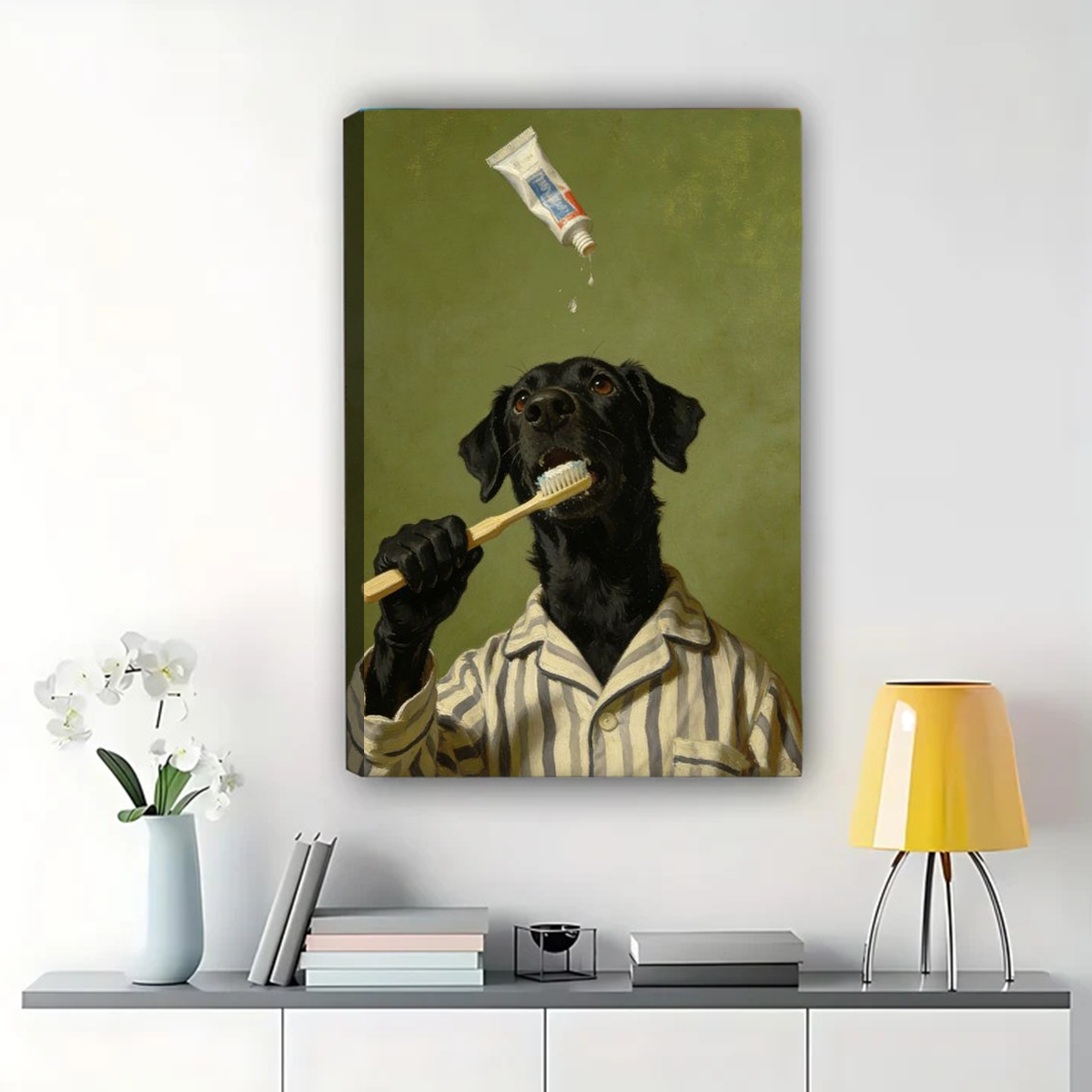 Black Lab Brushing Teeth Canvas - Funny Dog Bathroom Art