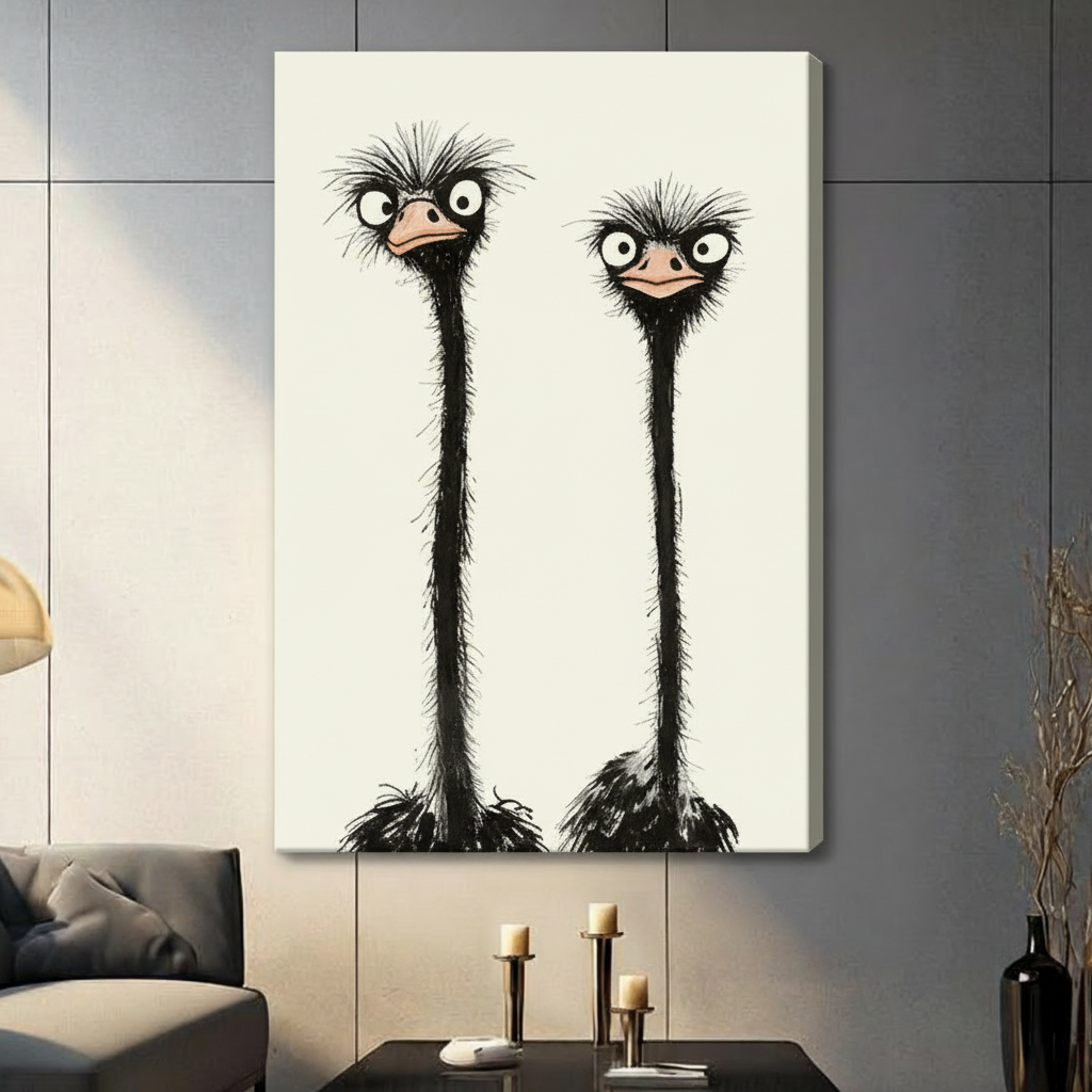 Funny Ostrich Duo Minimalist Ink Canvas Art Wall Art