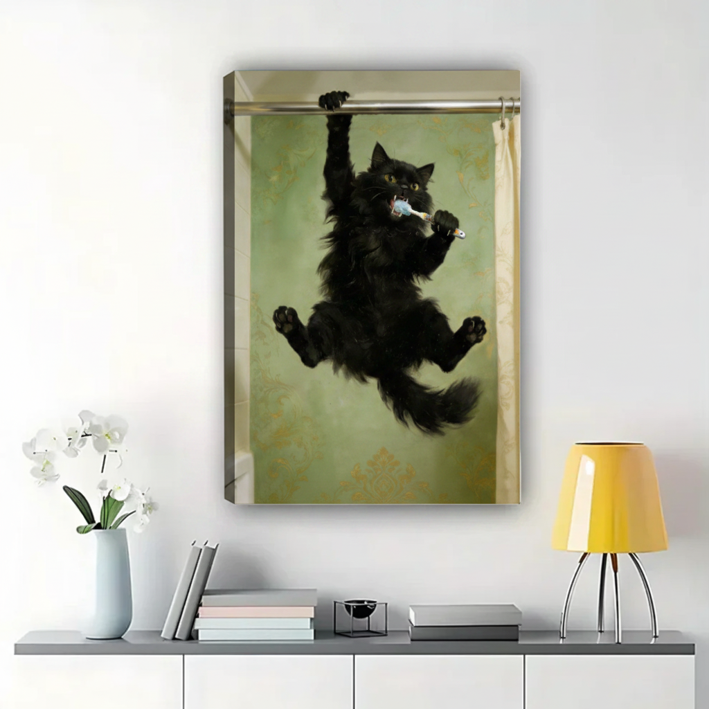 Black Cat Brushing Teeth Wall Art – Chaotic Funny Cat Canvas Print on Natural Wood Frame