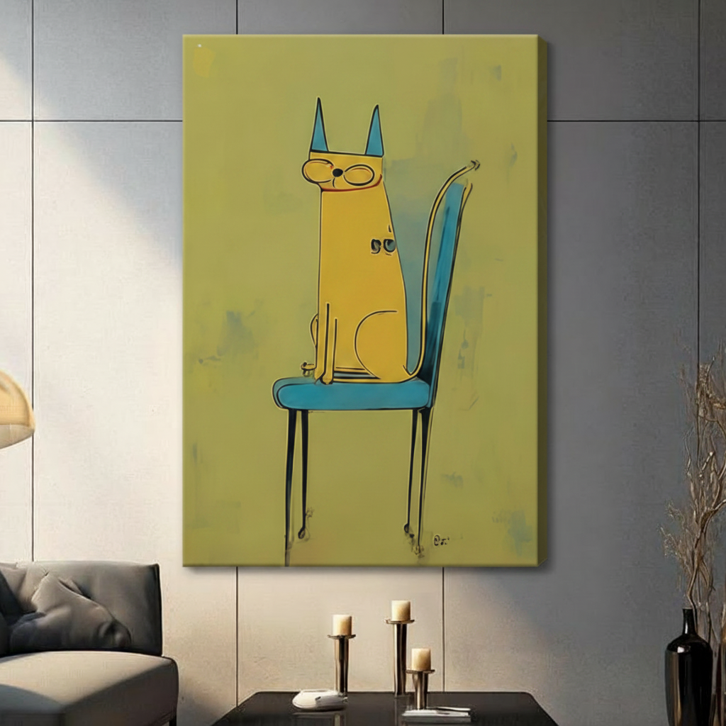 Yellow Cat Blue Chair Minimalist Canvas Wall Art