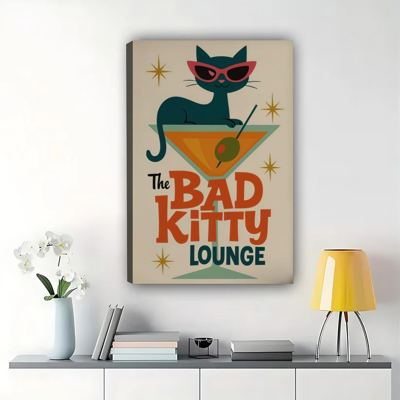 The Bad Kitty Lounge Retro Cat with Martini – Mid-Century Modern Wall Art on Natural Wood Canvas