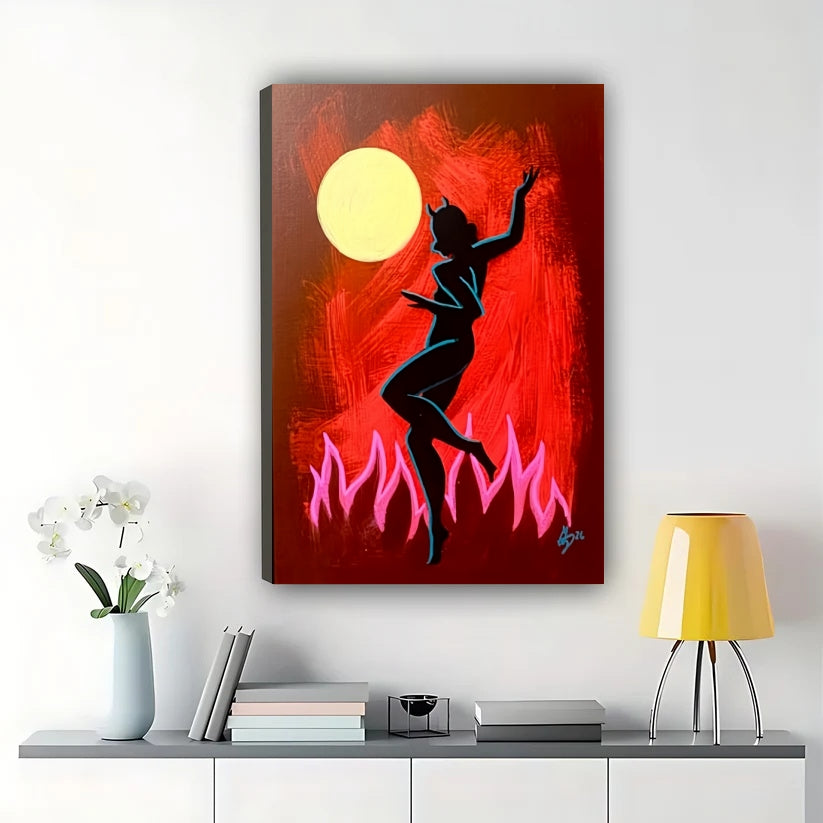 The Moonlit Dancer Silhouette – Retro Artistic Wall Art on Natural Wood Canvas