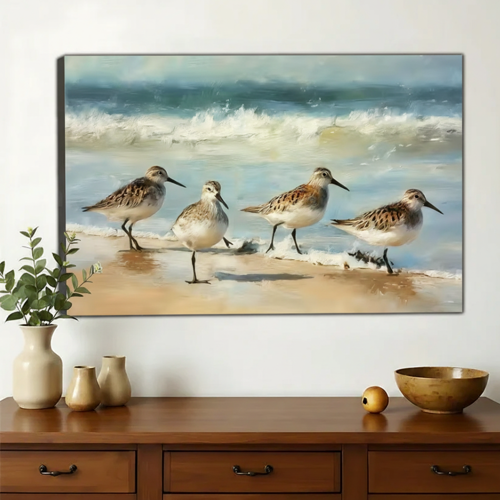 Sandpipers on the Shore Wall Art – Coastal Oil Painting Canvas Print on Natural Wood Frame