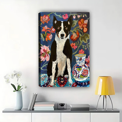 Dog with Floral Garden Wall Art - Colorful Portrait Print