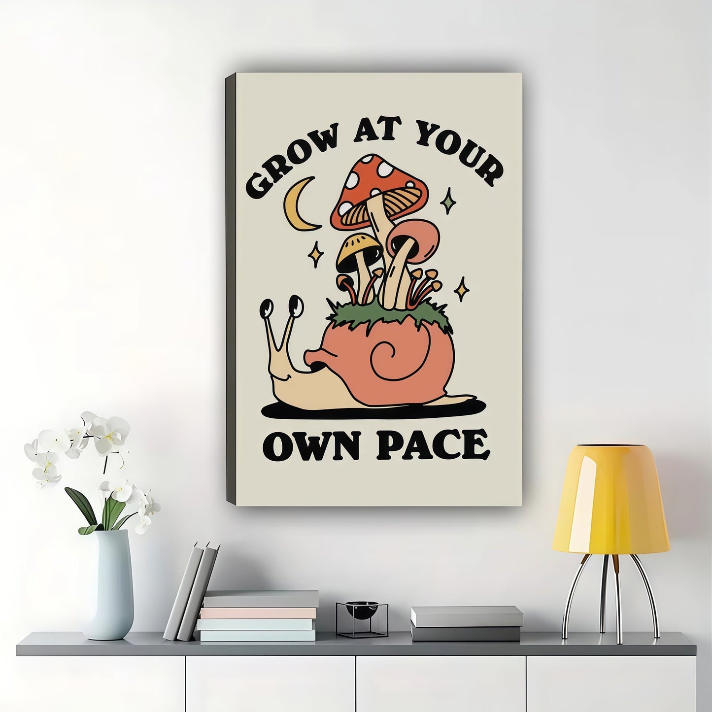 Grow At Your Own Pace Mushroom Snail – Whimsical Motivational Wall Art on Natural Wood Canvas