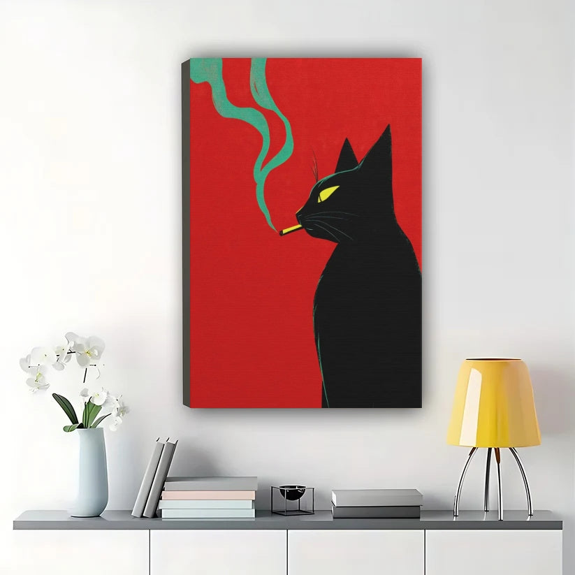 Smoking Black Cat – Retro Edgy Cat Wall Art on Natural Wood Canvas