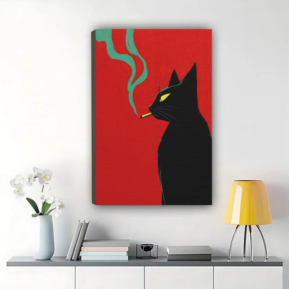 Smoking Black Cat – Retro Edgy Cat Wall Art on Natural Wood Canvas