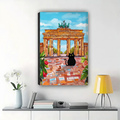Black Cat at Brandenburg Gate Wall Art – Whimsical Travel Cat Canvas Print on Natural Wood Frame