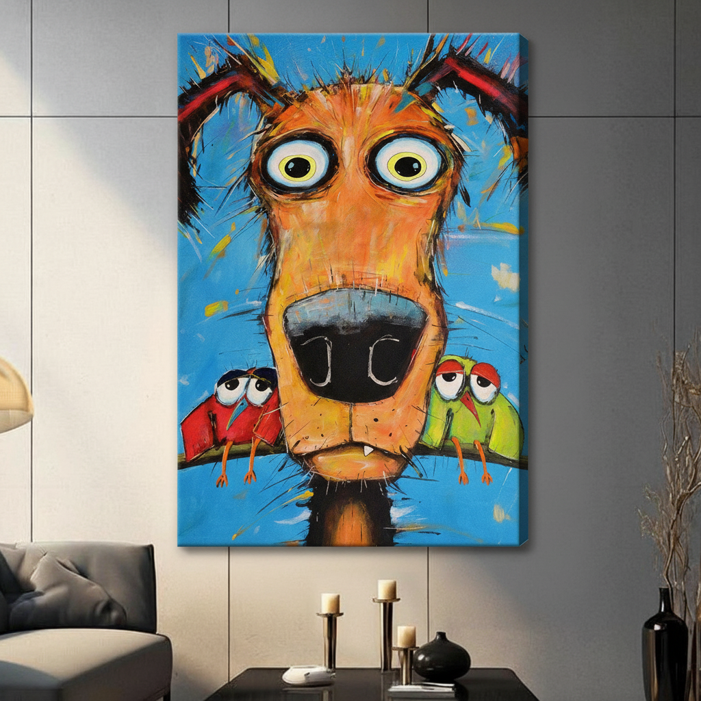 Goofy Dog with Parrots Impasto Canvas Wall Art