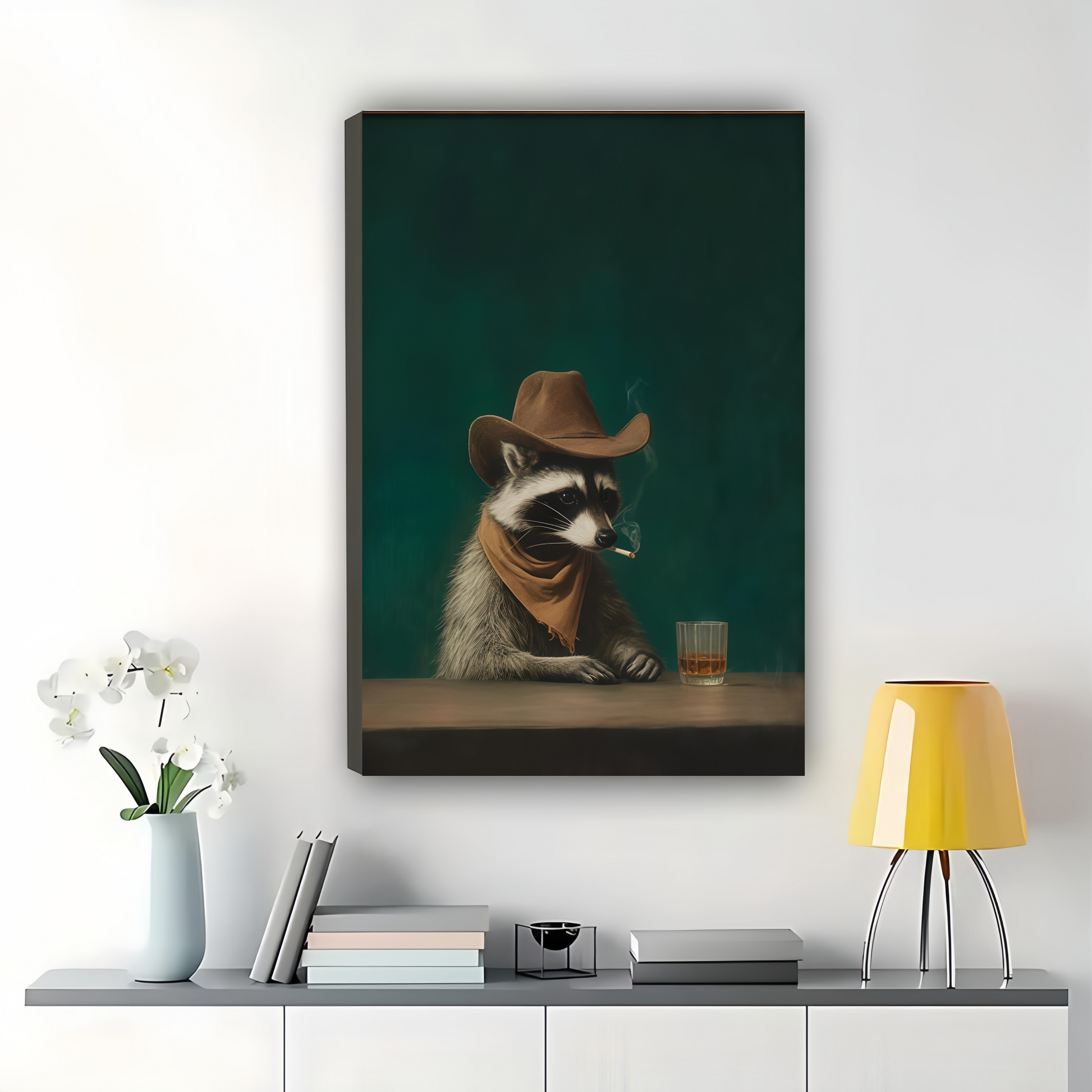 Bar Raccoon – Vintage Western Dapper Animal Wall Art on Natural Wood Canvas
