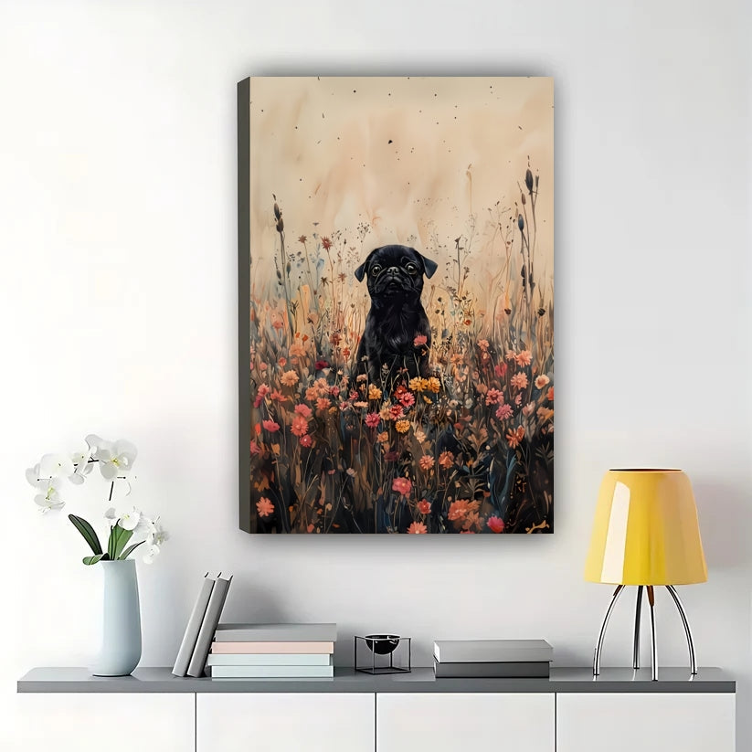 Black Dog in Wildflower Field – Watercolor Style Nature Wall Art on Natural Wood Canvas