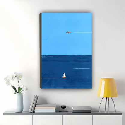 Minimalist Ocean, Sailboat Airplane – Calm Coastal Wall Art on Natural Wood Canvas